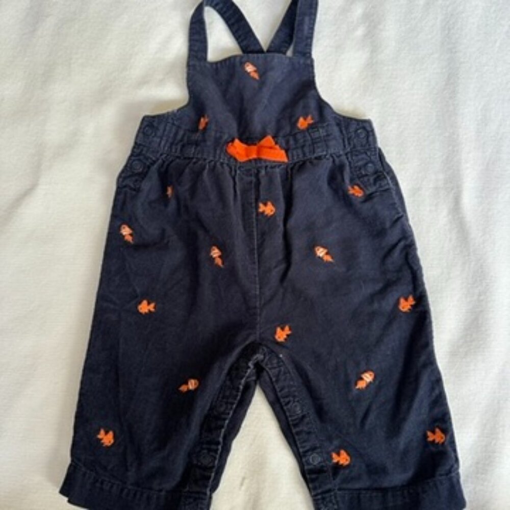 Vintage Gymboree Baby Corduroy Overalls Blue with Embroidered Orange Fish 0-3M
